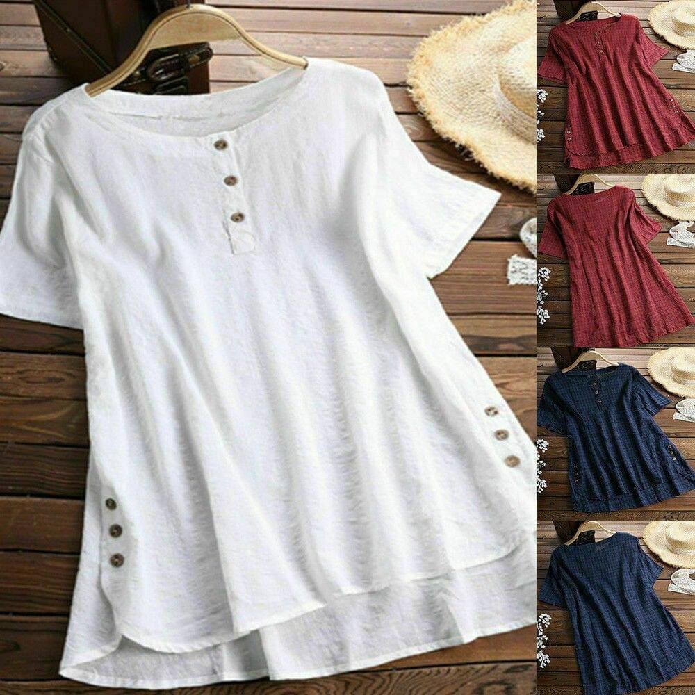 Plus Size Women Summer Button Crew Neck Blouses Loose Baggy Tops Tunic ...