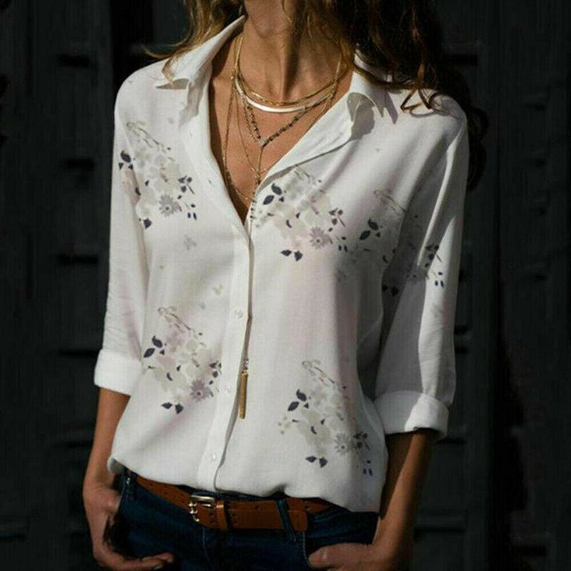 Plus Size Women's Summer Floral Long Sleeve Button V-Neck Shirts Ladies ...