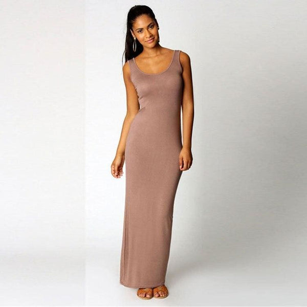 Slim Maxi Dress Stretch Tank Robe Thin Long Dress O-Neck Sleeveless ...