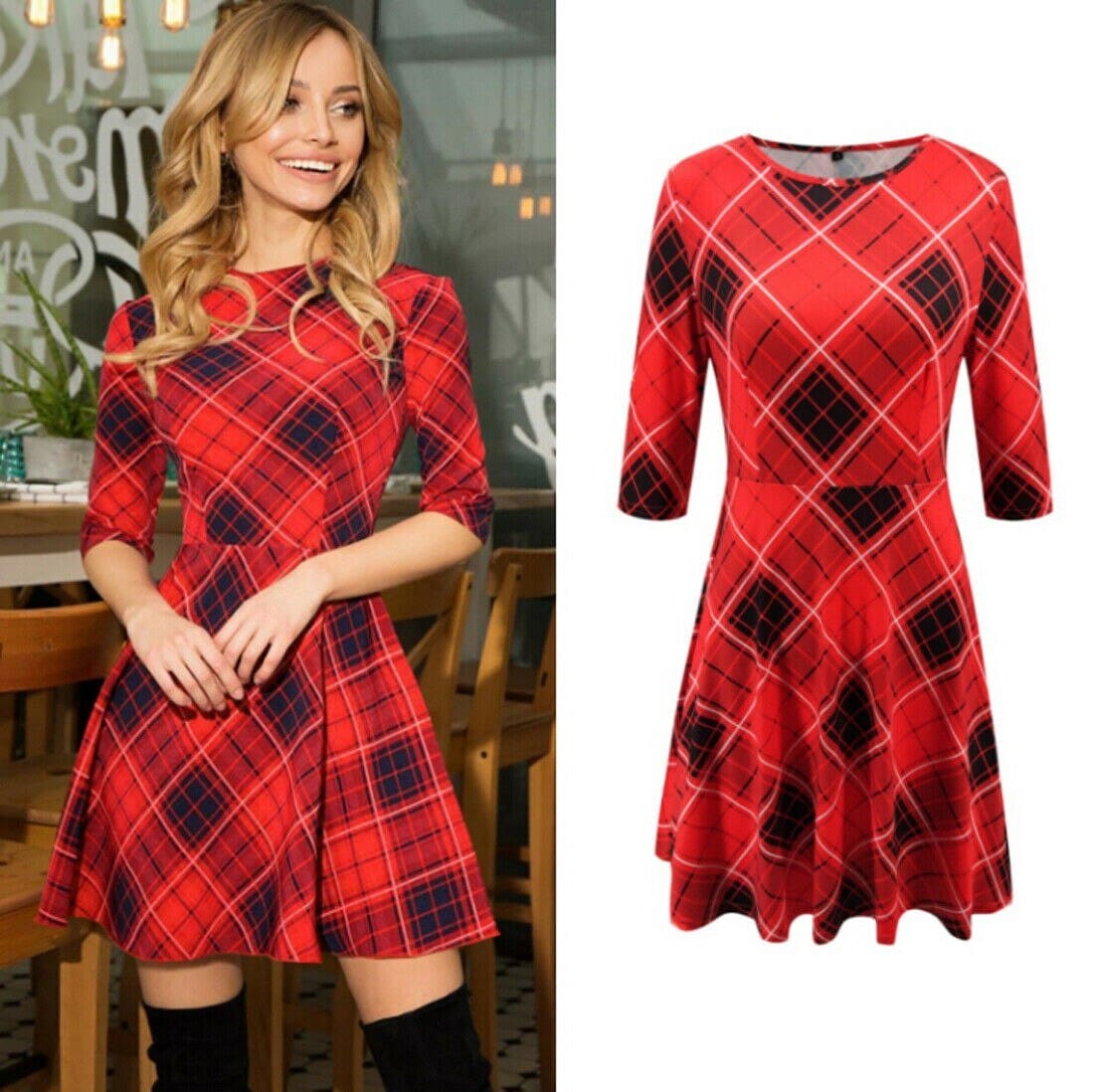 womens red check dress