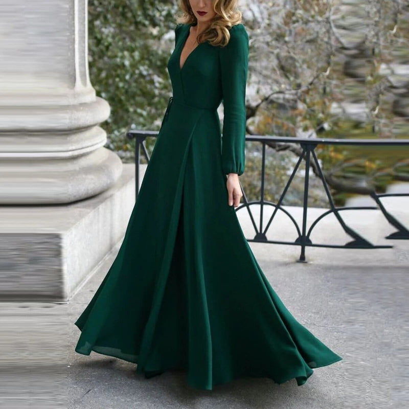 Vintage Formal Dress Women Lady V Neck Long Sleeve Maxi Dress Autumn ...