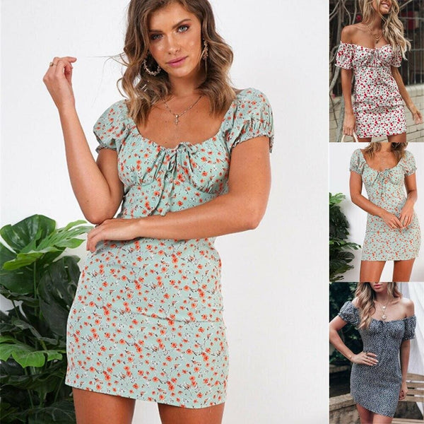 Women Boho Floral Off Shoulder Bodycon Short Sleeve Dress Summer Beach ...