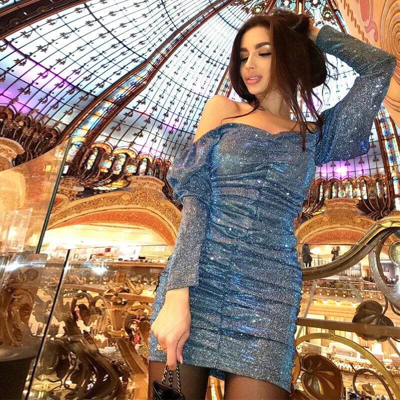 Women Glitter Square Neck Ruched Bodycon Dress Off Shoulder Sparkling ...