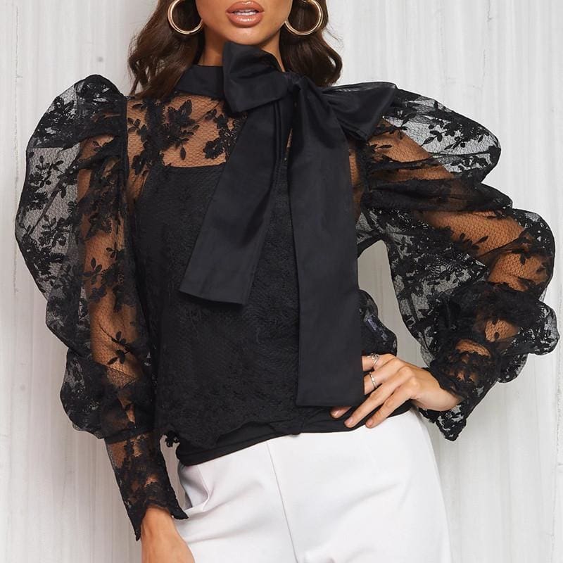 The Best Women Lady Crochet Mesh Sheer See-Through Long Puff Sleeve Tops Shirt Bow Neck Loose Casual Blouse Top Online - Hplify
