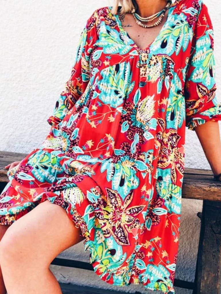 New Fashion Women Long Sleeve Summer Autumn Boho Floral Printed Beach Casual Loose Kaftan Tunic Beach Mini Dress Sundress