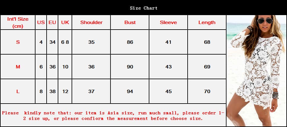 New Women Lace O-neck Crochet Bathingsuit Blouse Long Sleeveless Bikini Swimwear Cover Up Summer Beach Dress Sundress