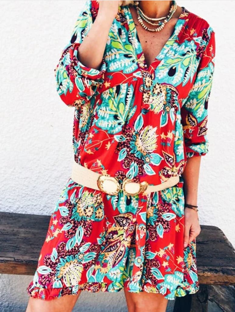 New Fashion Women Long Sleeve Summer Autumn Boho Floral Printed Beach Casual Loose Kaftan Tunic Beach Mini Dress Sundress