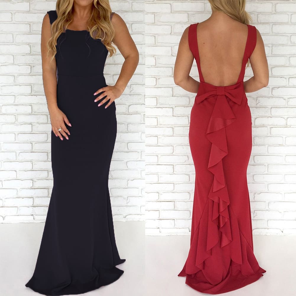 Women Ladies Formal Backless Long Dress Party Ball Prom Gown Wedding Bridesmaid Sleeveless O-Neck Long Maxi Dress