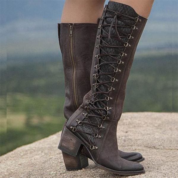 Women Vintage Lace Up Boots Zipper And Lace Above Knee Boots