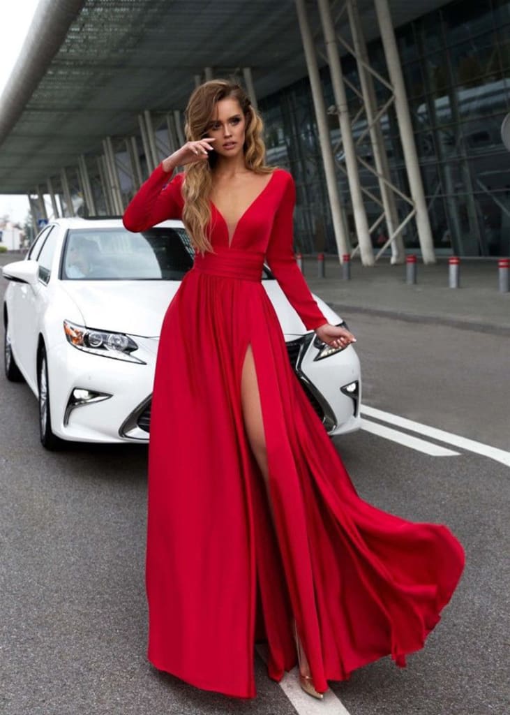 Women Autumn Long Sleeve Maxi Dress Elegant Split Formal Evening Party Dress Fashion V neck Women vestidos