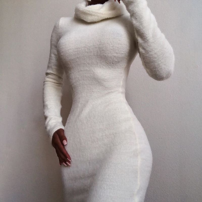 Fashion Women Winter Warm Long Sleeve Sweater Fleece Warm Basic Short Mini Dress Ladies Casual High Collar Slim Fit Dress