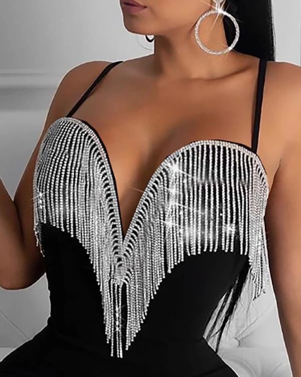 Women Lady Sequin Jumpsuit Romper Bodycon Backless Clubwear Party Long Pant Trouser Black Tassels Dress Outfit