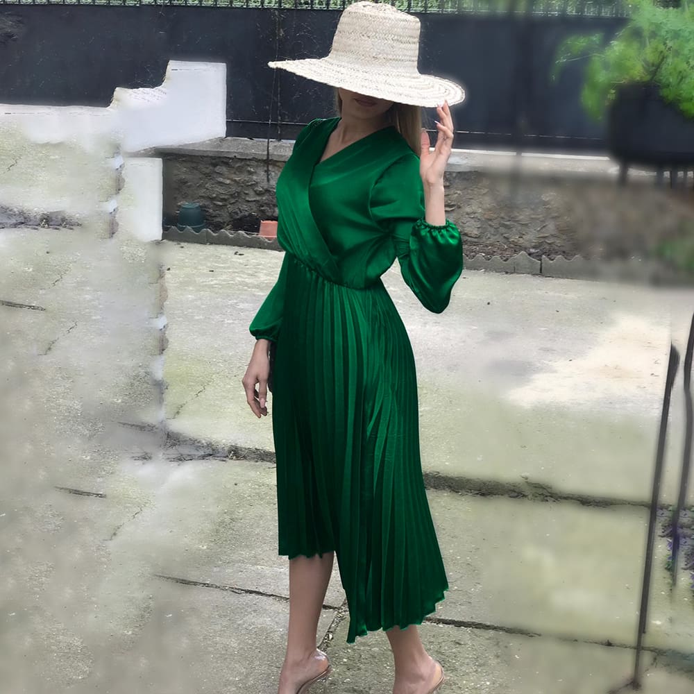 Women Long Sleeve Wrap Boho V-neck Pleated Maxi Dress Office Ladies Summer Sundress Holiday Daily Workout Clothes
