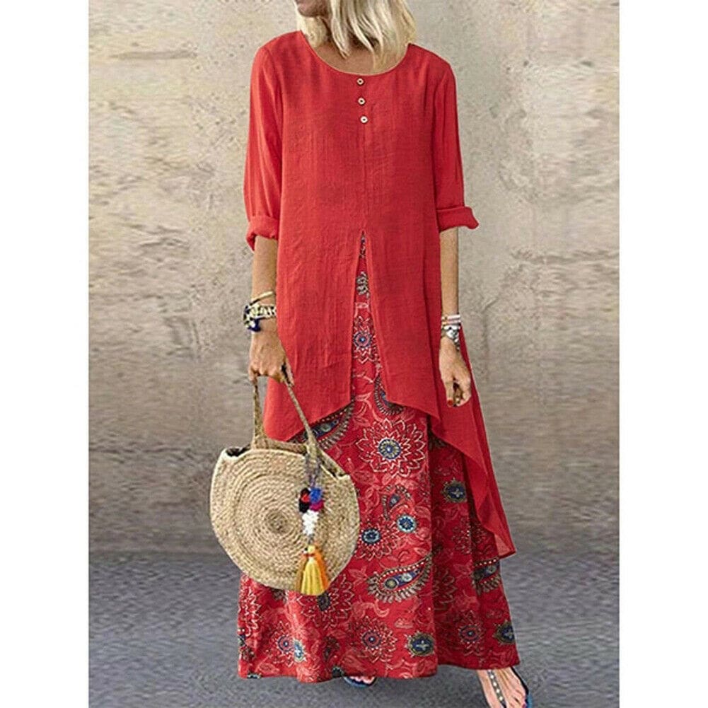 New Womens Peasant Ethnic Boho Long Shirt Vest Dress Summer Casual Long Sleeve Loose Kaftan Maxi Dress Sundress Plus Size