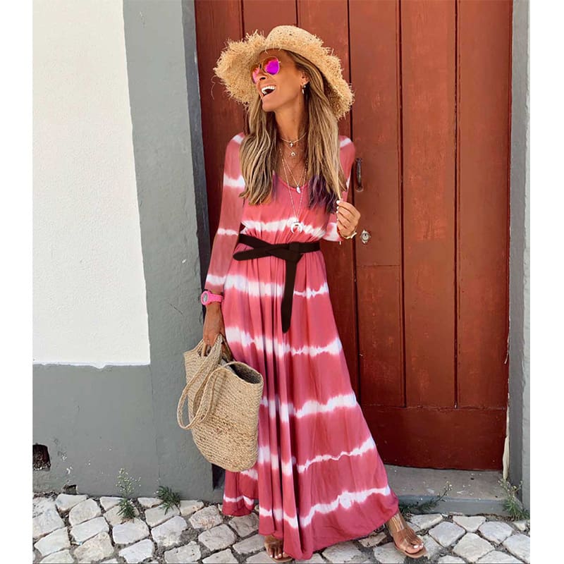 Women Boho Long Sleeve Striped V Neck Long Maxi Dress 2024 Fashion Ladies Autumn Fall Wrap Dresses Sundress