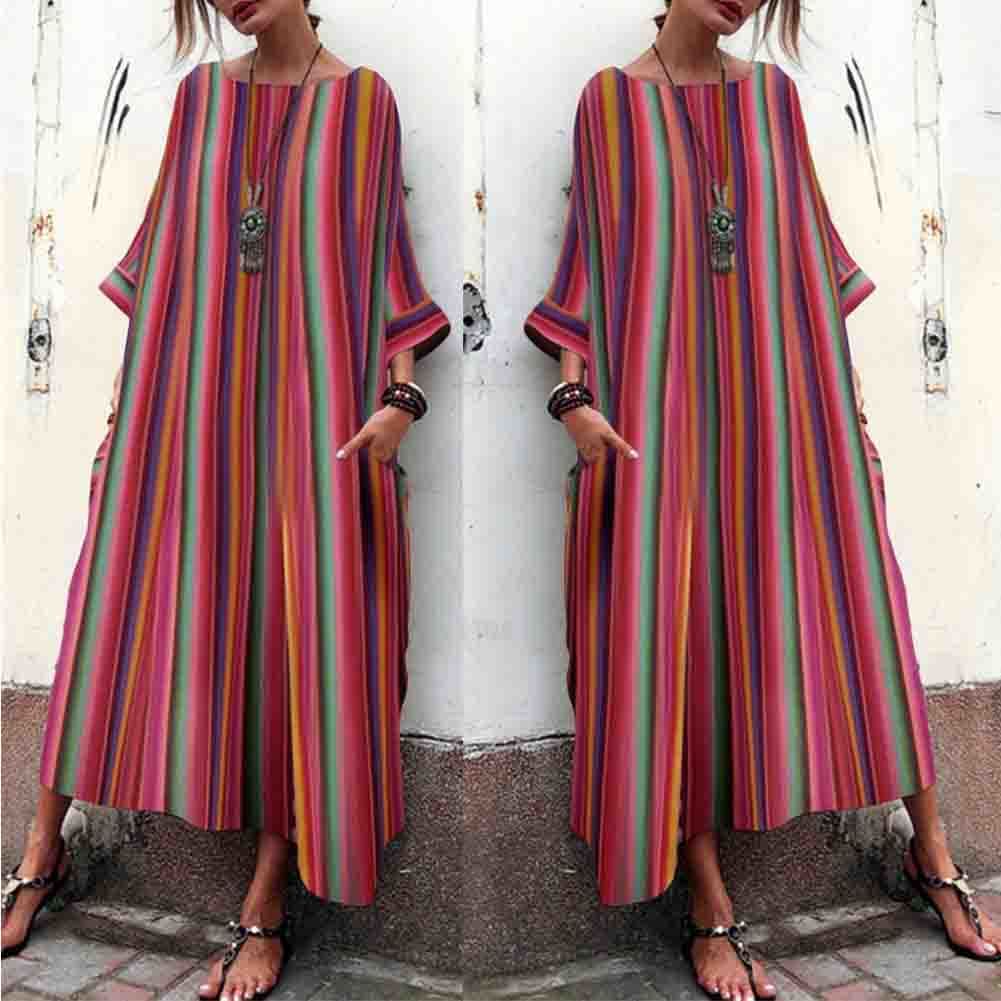 Women Ladies Baggy Summer Beach Holiday Dress New Fashion Striped Loose Long Sleeve Round Neck Dress Sundress