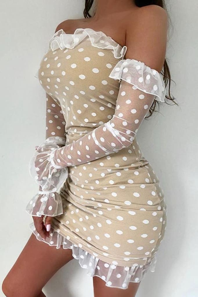 Women Ladies See-through Base Dress Flared Long Sleeve Off-shoulder Polka Dots Printed Short Mini Dress