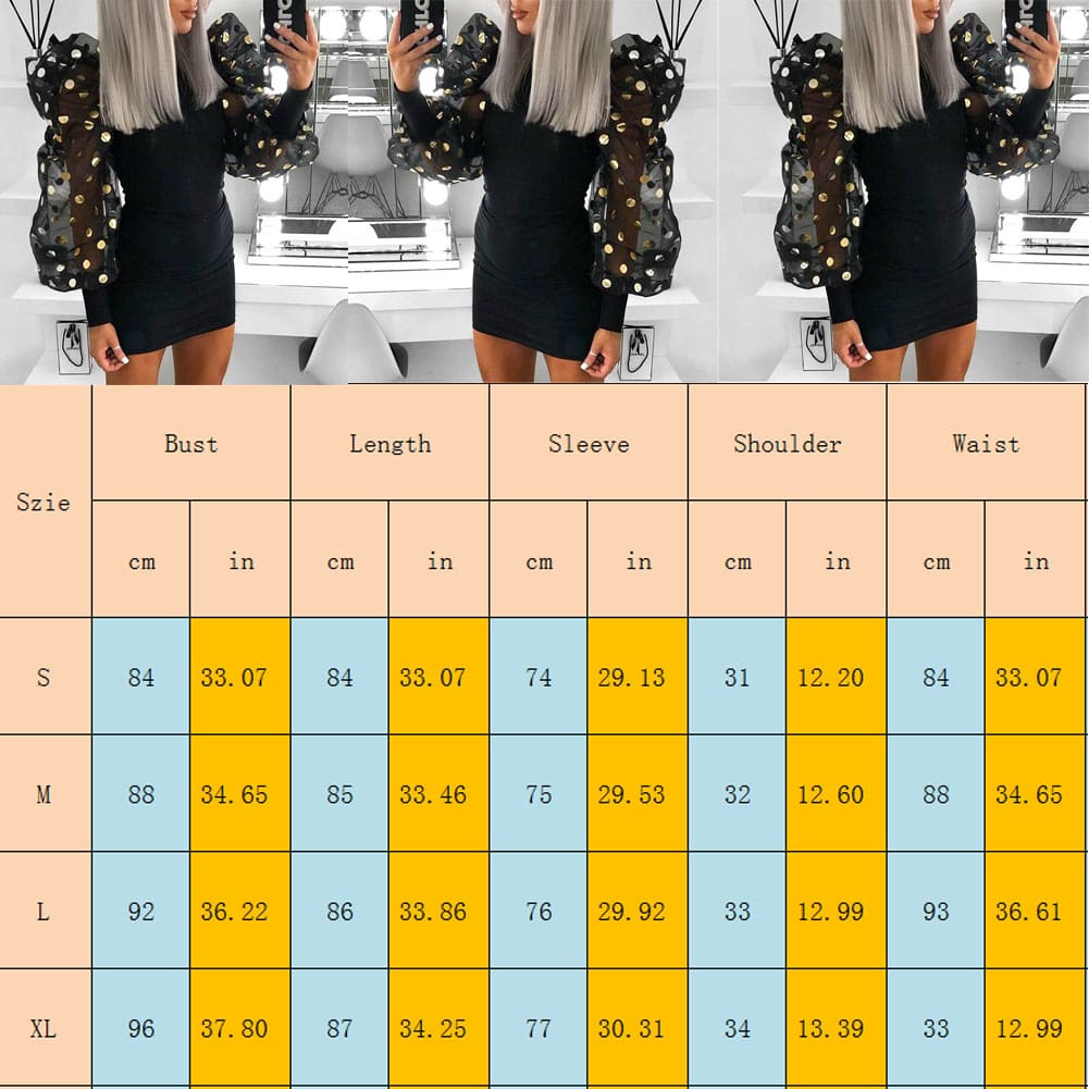 Woman Fashion Casual Slim Female Bodycon Mini Dresses Spring Fall Puff Mesh Polka Dot Long Sleeve Black Club Dress