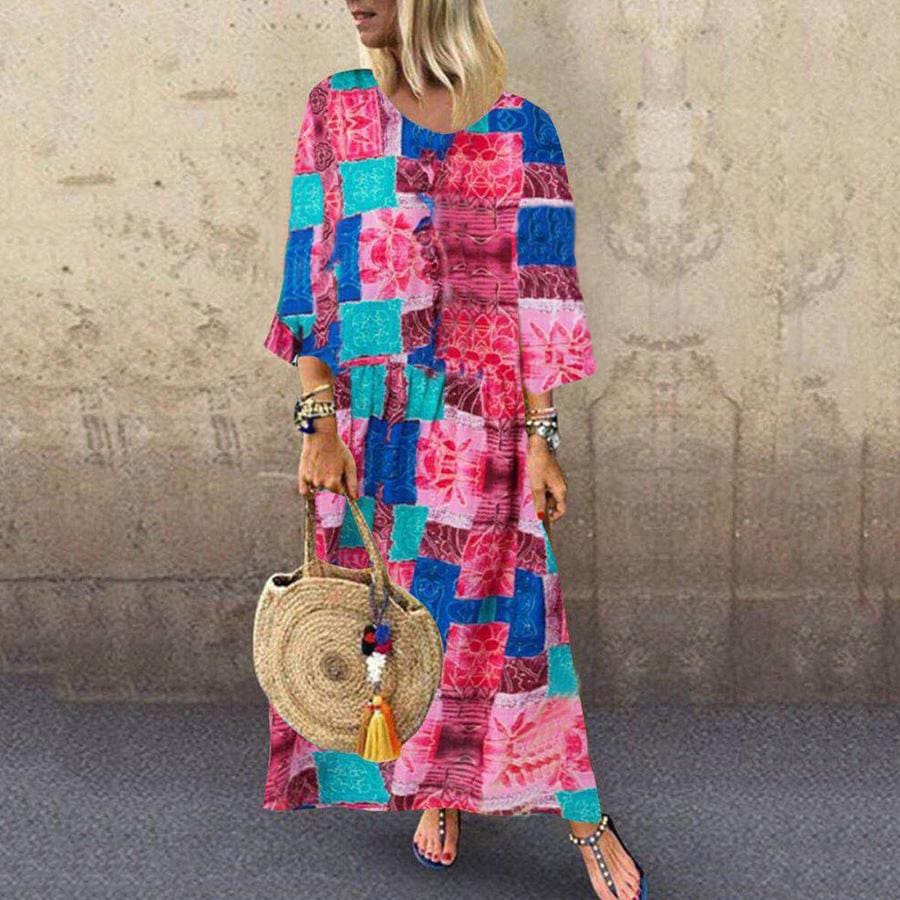 Boho Floral Long Maxi Sundress Ladies O-neck Long Sleeve Holiday Kaftan Casual Beach Sundress Plus Size