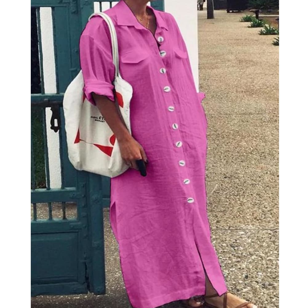 New Womens Casual Plain Long Sleeve Maxi Dress Ladies Loose Kaftan Tunic Baggy Button Down Long Shirt Dresses