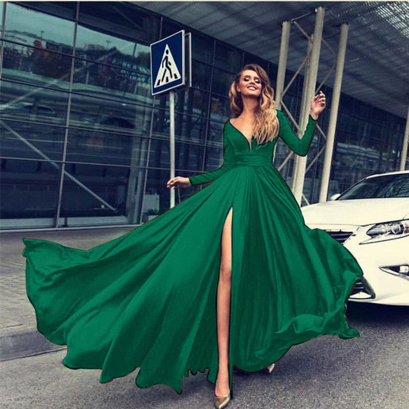 Women Autumn Long Sleeve Maxi Dress Elegant Split Formal Evening Party Dress Fashion V neck Women vestidos