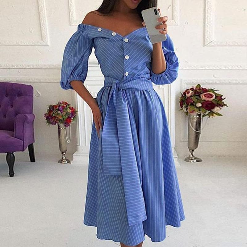 Women Lantern Sleeve Bodycon Midi Dress Summer Ladies Casual Off Shoulder Striped Long Dress Summer Holiday Clothing