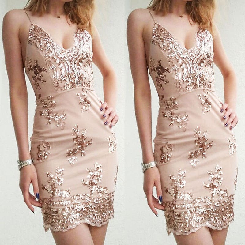 Summer Women Dress Spaghetti Strap V Neck Sequined Lace Bodycon Dresses Sleeveless Party Evening Vestidos Femme Short Mini Dress