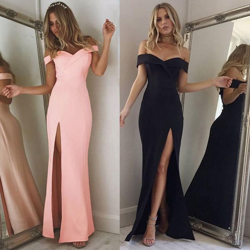 Hot Womens Off Shoulder Dresses Casual Long Maxi Evening Party Beach Long Dress Solid Pink Black V-neck Summer Costume