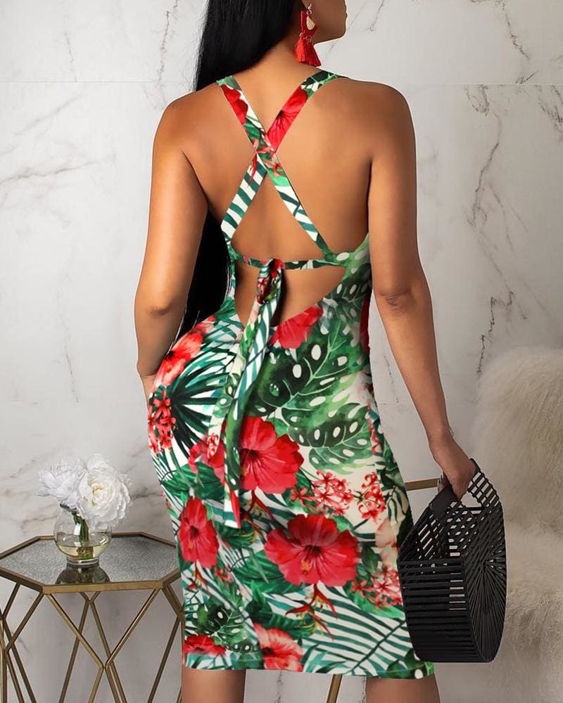 2019 Fashion Women Ladies Sleeveless Summer Boho Floral Beach Casual Slim Fit Sundress Tight Sexy Sling Hawaiian Dress