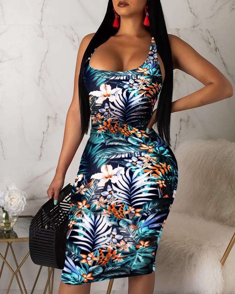 2019 Fashion Women Ladies Sleeveless Summer Boho Floral Beach Casual Slim Fit Sundress Tight Sexy Sling Hawaiian Dress