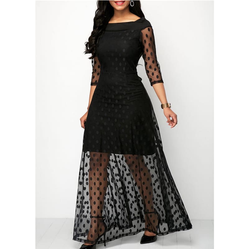 Summer Women Dress Polka Dot Print Lace Maxi Dresses For Women Elegant Ladies Dresses Casual Black Plus Size Evening Party Dress