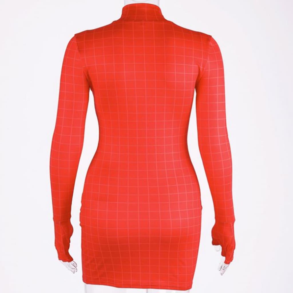 Womens Stretch Long Sleeve Plaid High Neck Bodycon Dress Autumn Ladies Clubwear Party Club Short Mini Dress