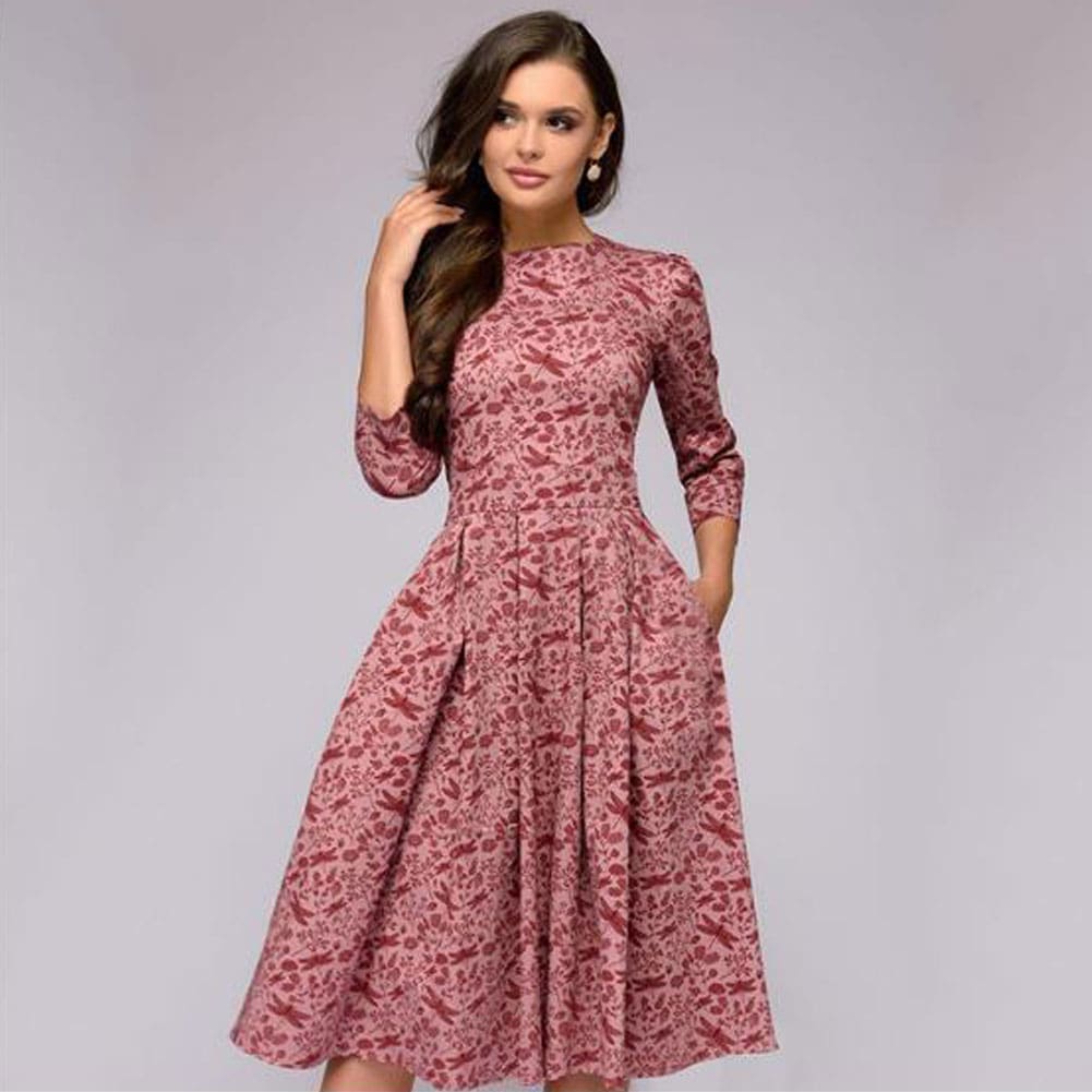 Vintage pleated tunic print dress women Elegant ladies A line dresses Long sleeve female autumn mixi party dress vestidos