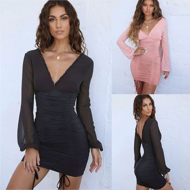 Women Mesh Sheer Long Sleeve Bandage Bodycon Evening Party Club Mini Dress Ladies Deep V Neck Backless Dress