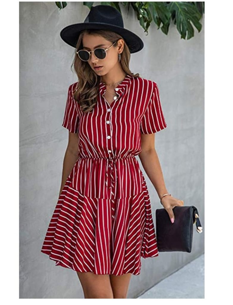 Fashion Women Short Sleeve Stripe T Shirt Dress Elegant High Waist Loose Summer Dress Ladies Office Lady OL Dersses Streetwear