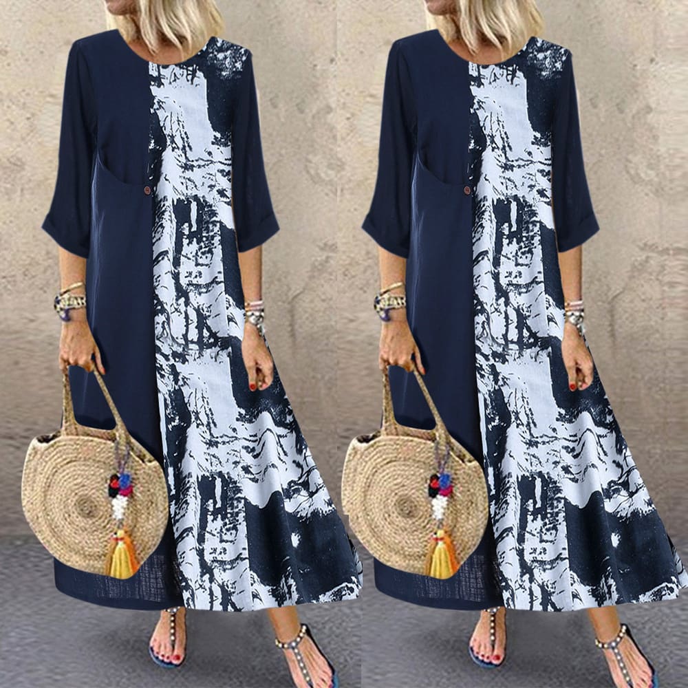 Women Boho Linen Baggy Gypsy Kaftan Holiday Loose Long Maxi Dress Fashion Ladies Floral Beach Dress Sundress