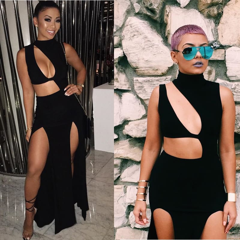 New Women Summer Bandage Hollow Out Dress High Waist Solid Black Ladies Split Party Dress Club Wear