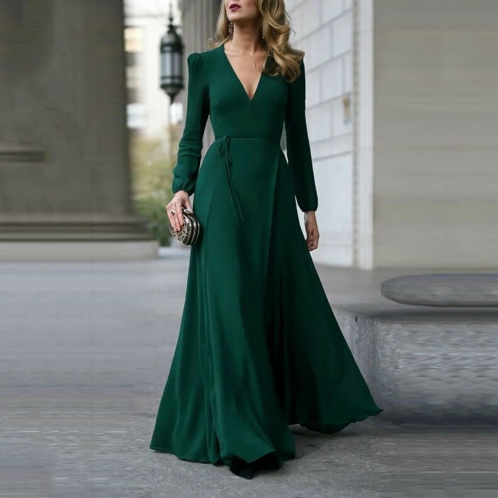 Vintage Formal Dress Women Lady V Neck Long Sleeve Maxi Dress Autumn ...