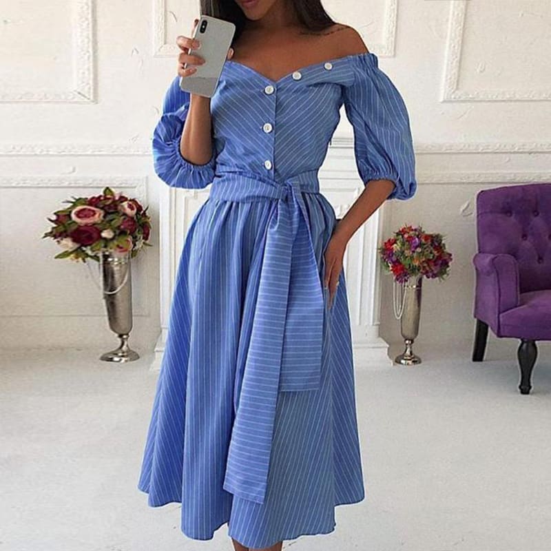 Women Lantern Sleeve Bodycon Midi Dress Summer Ladies Casual Off Shoulder Striped Long Dress Summer Holiday Clothing