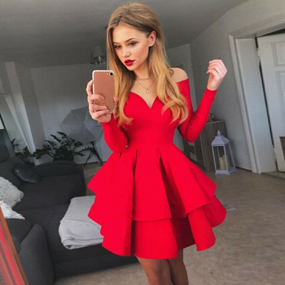 Women Evening Party Cascading Ruffle Dress Ladies Off Shoulder Slim V-Neck Mini Solid Long Sleeves Bodycon Clubwear Dress