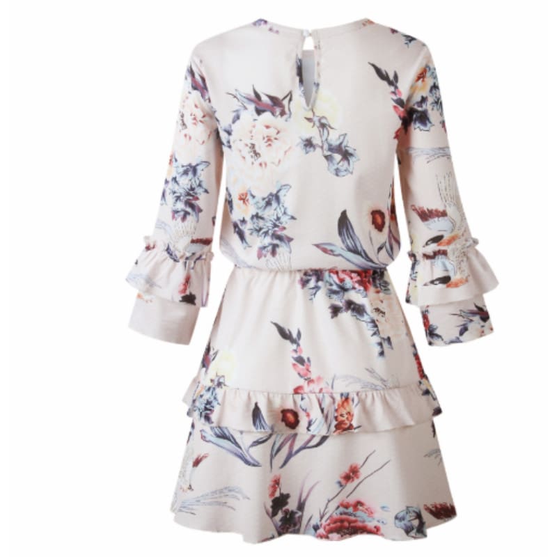 Women Autumn Spring Elegant Vintage Floral Ruffles Mini Dress Chsinese Printed Casual Dress