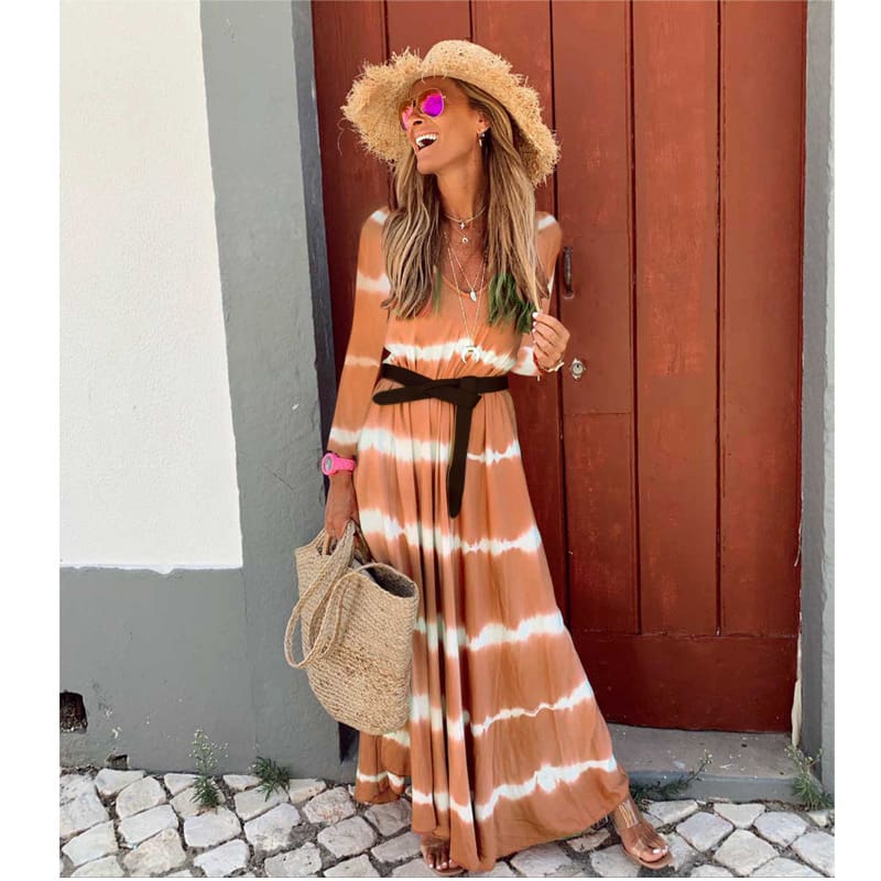 Women Boho Long Sleeve Striped V Neck Long Maxi Dress 2024 Fashion Ladies Autumn Fall Wrap Dresses Sundress