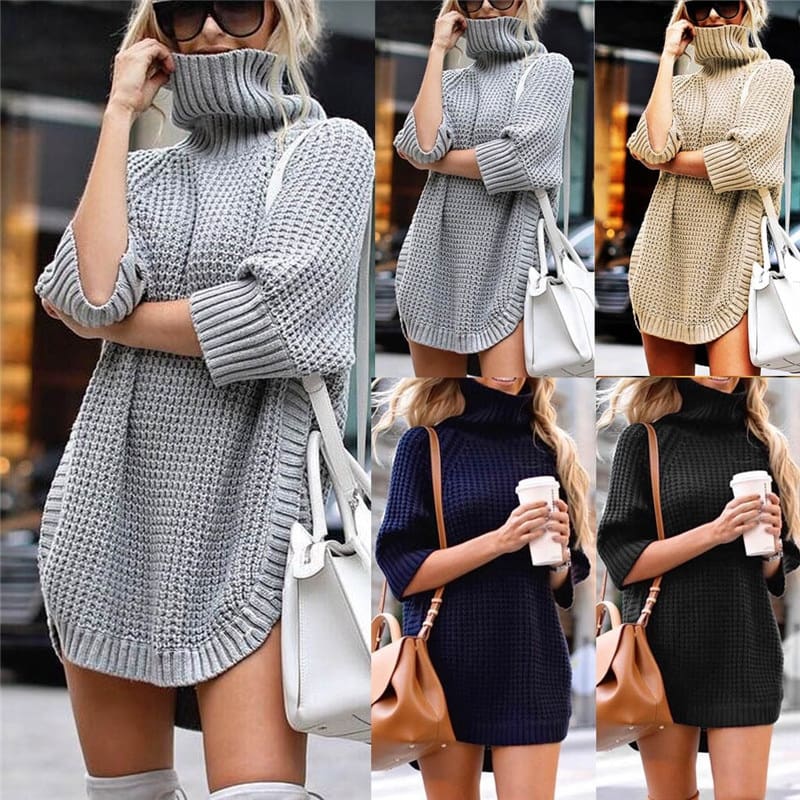 Fashion Women Casual Irregular Sweater Dress Solid Long Sleeve Half Sleeve Knitted Sweater Top Pullover Feminino 50Au2909