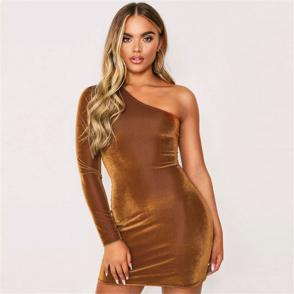 Women One Shoulder Bodycon Dress Ladies Long Sleeve Mini Pencil Dress Solid Club Skew Collar Dress 2023 Fashion Plain Dress