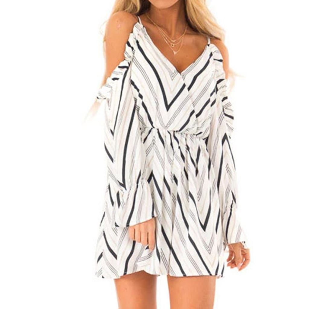 New Women Autumn Dress Fashion V neck Off Shoulder Striped Long Sleeve Casual Holiday Short Mini Dress