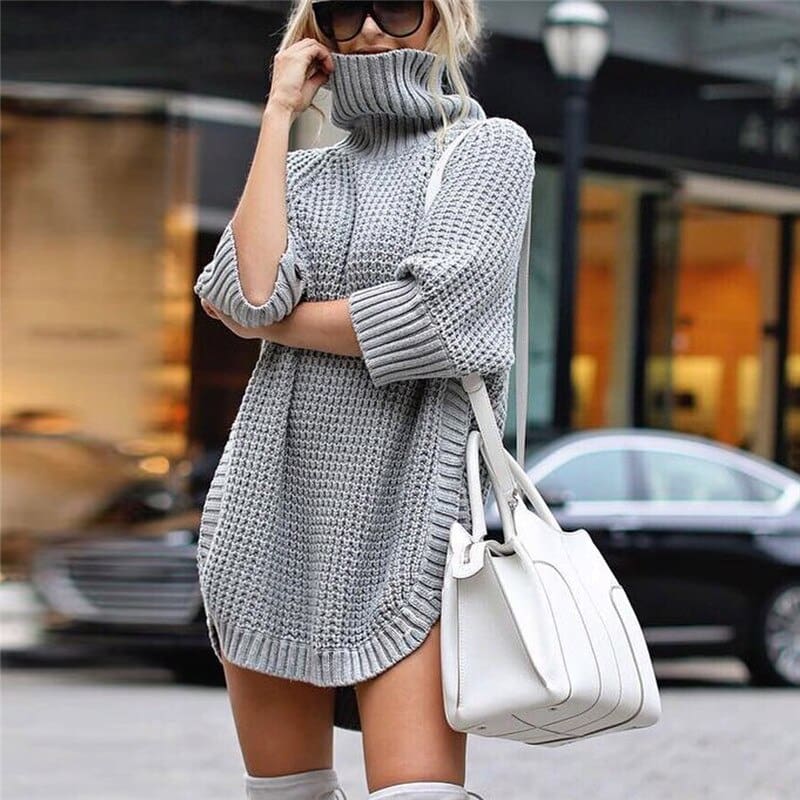 Fashion Women Casual Irregular Sweater Dress Solid Long Sleeve Half Sleeve Knitted Sweater Top Pullover Feminino 50Au2915