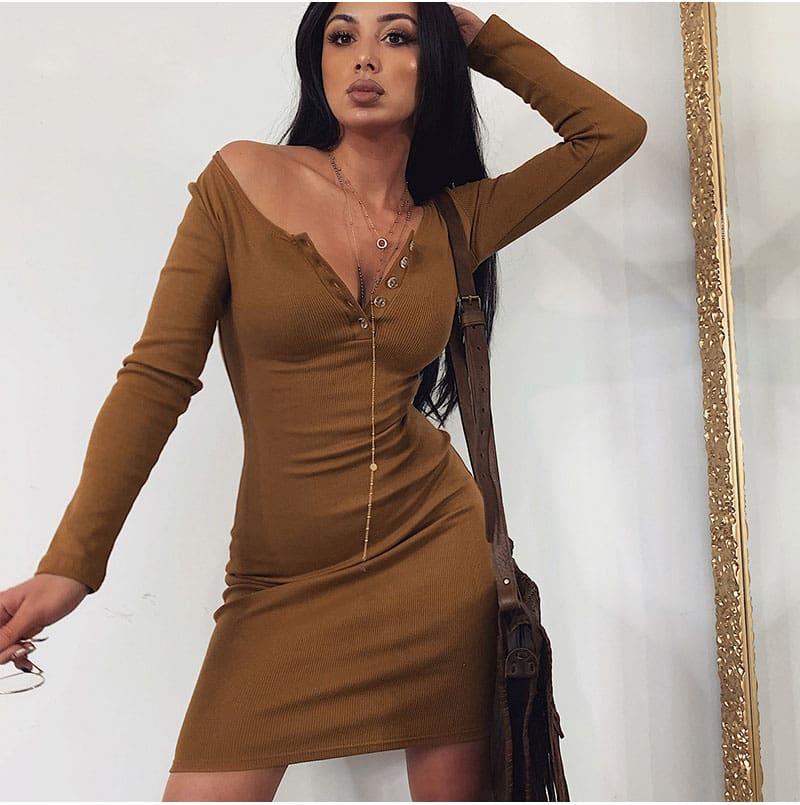 Women Autumn Winter Casual Plain Bodycon Mini Dress Elegant Long Sleeve V Neck Slim Bandage Stretch Ladies Dresses Streetwear