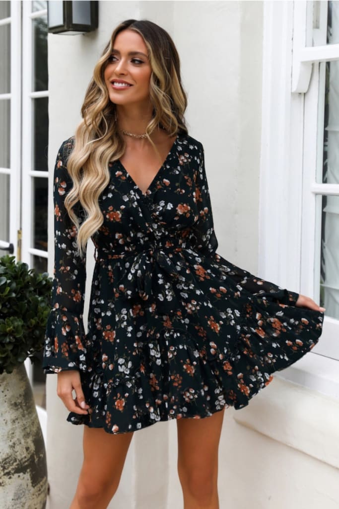 Fashion Women Boho Ruffle Floral Holiday Mini Sun Dress Frill Ladies Summer Autumn Beach Print Party Mini Dress