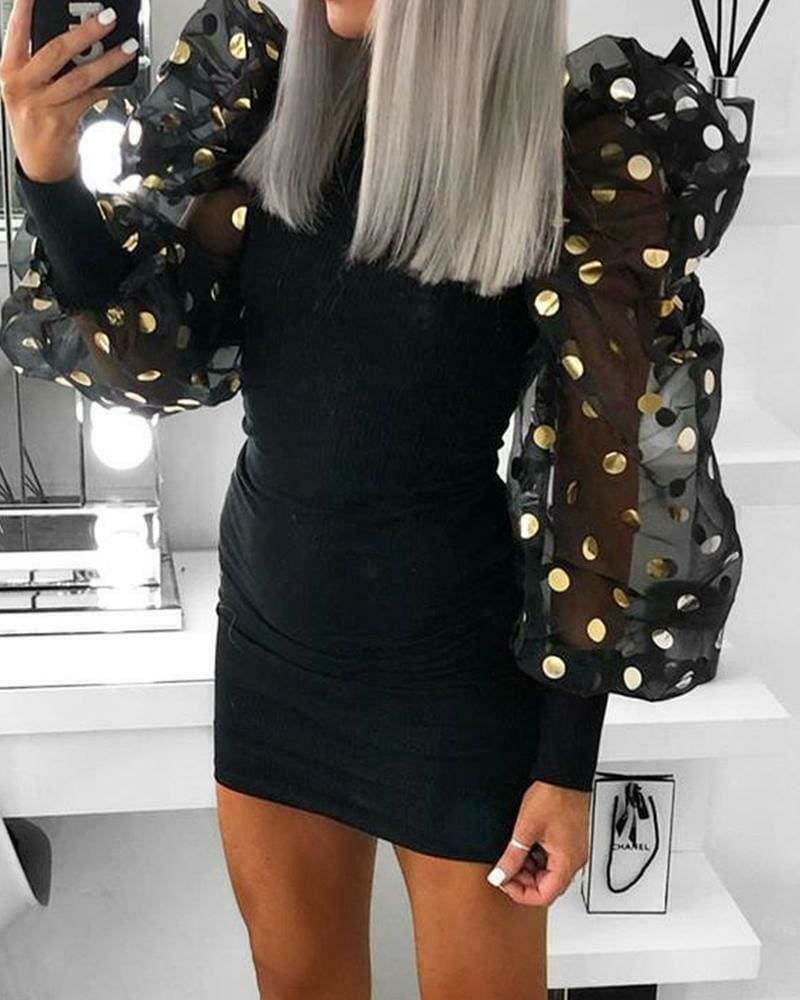 Woman Fashion Casual Slim Female Bodycon Mini Dresses Spring Fall Puff Mesh Polka Dot Long Sleeve Black Club Dress