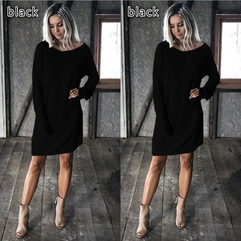 New Fashion Women O Neck Long Sleeve Dress Solid Color Loose Dress Ladies Casual Warm Mini Dress Winter